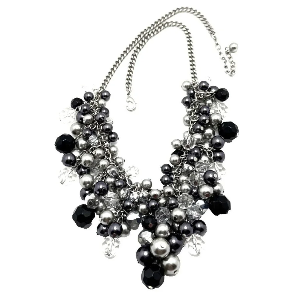 Cha-Cha Style Necklace Clear Gray Black Bead Cluster Statement Bib 16